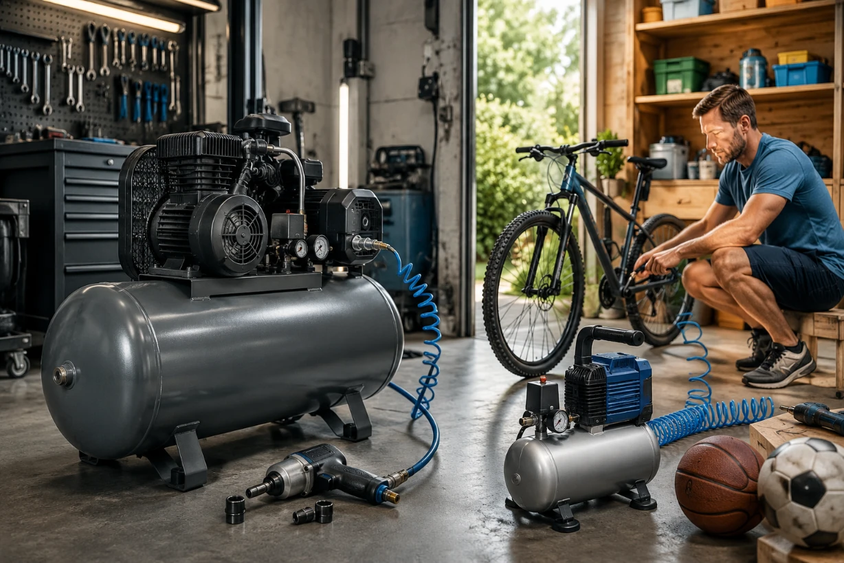 Werkstatt- und Freizeit-Kompressoren im Vergleich: großes Profi-Modell neben kompakter DIY-Lösung.
