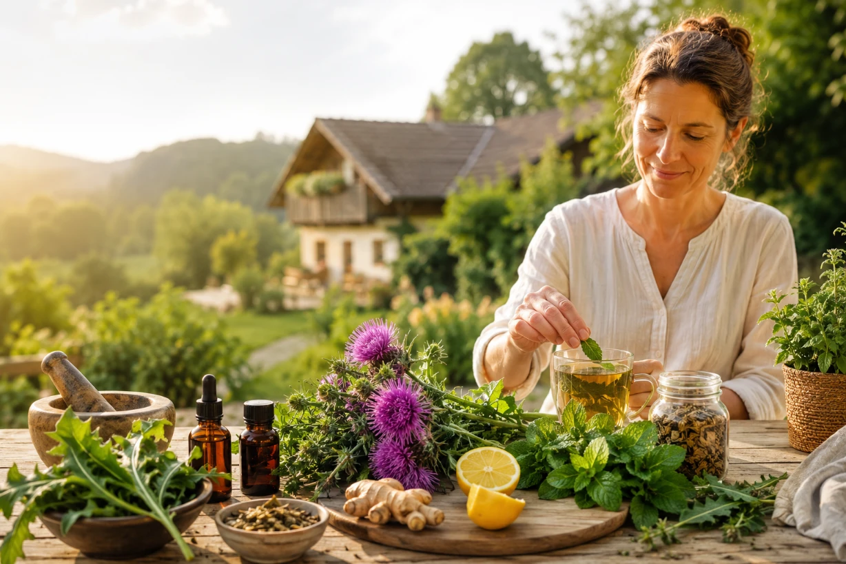 Frau bereitet natürliche Leberkur mit Kräutern und Tee in ruhiger Naturhof-Atmosphäre zu.