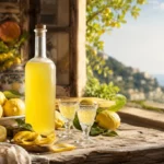 Hausgemachter Limoncello mit frischen Zitronen auf rustikalem Tisch in mediterraner Küche im Licht.