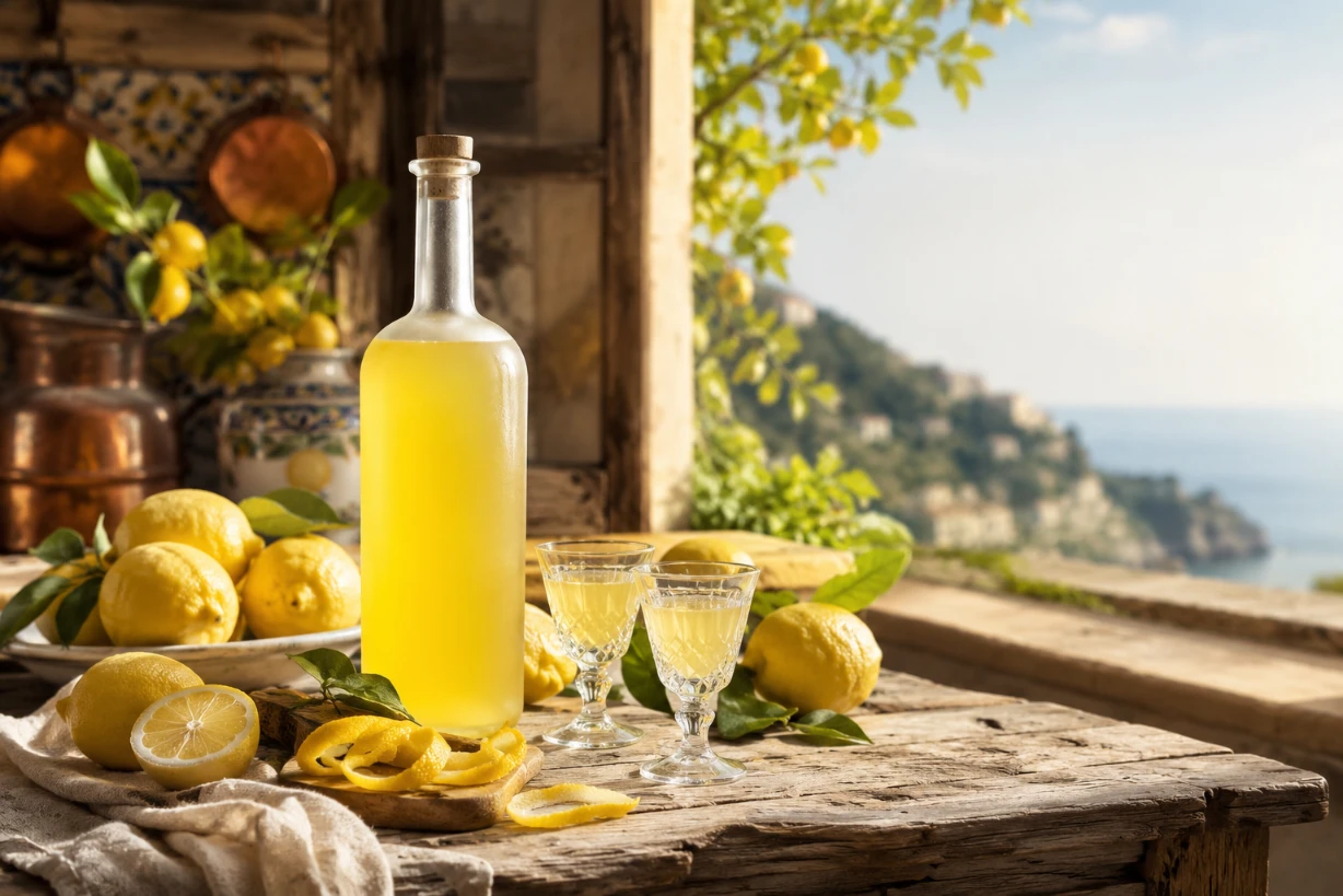 Hausgemachter Limoncello mit frischen Zitronen auf rustikalem Tisch in mediterraner Küche im Licht.