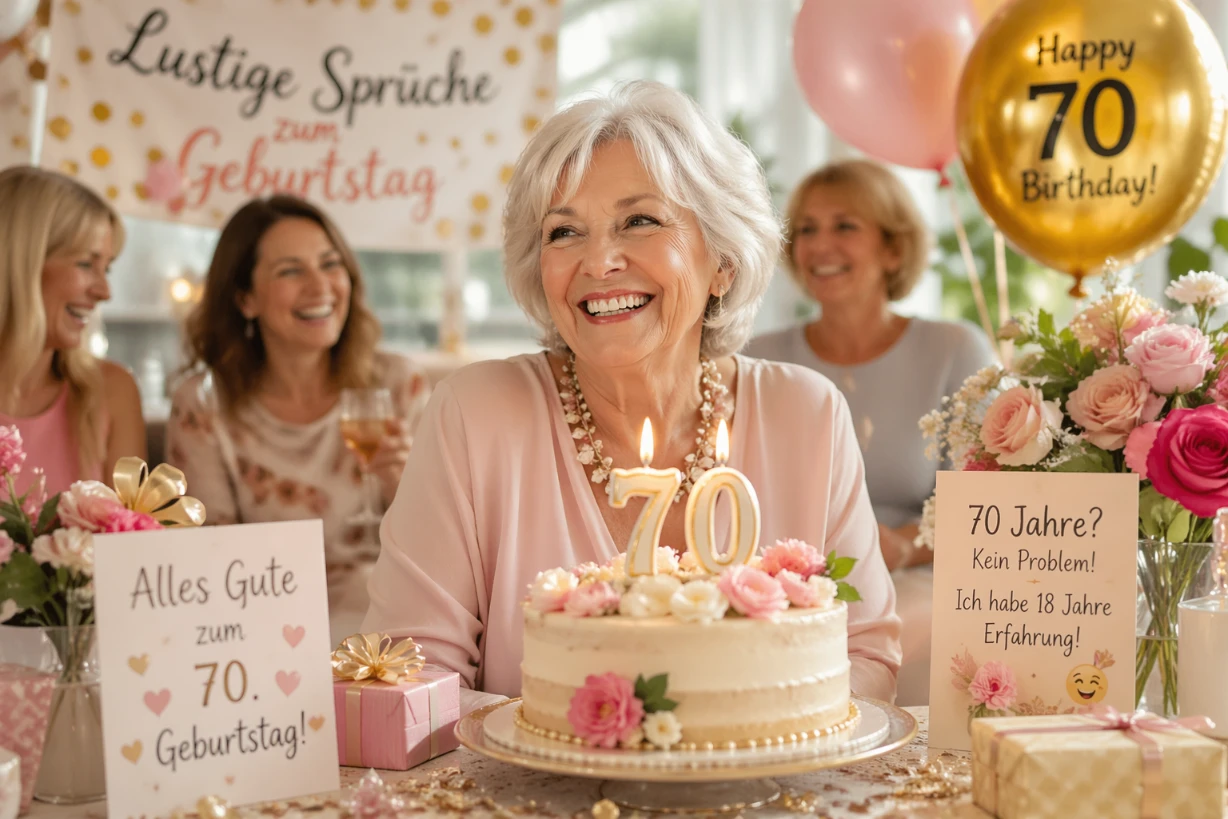 Fröhliche 70-jährige Frau feiert Geburtstag mit Torte, Kerzen und schöner Deko im hellen Raum.