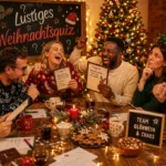 Freunde lachen beim Weihnachtsquiz am Tisch in gemütlichem Wohnzimmer mit festlicher Dekoration warm.