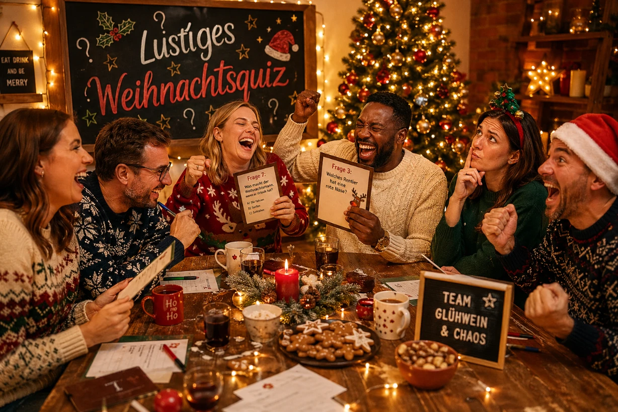 Freunde lachen beim Weihnachtsquiz am Tisch in gemütlichem Wohnzimmer mit festlicher Dekoration warm.