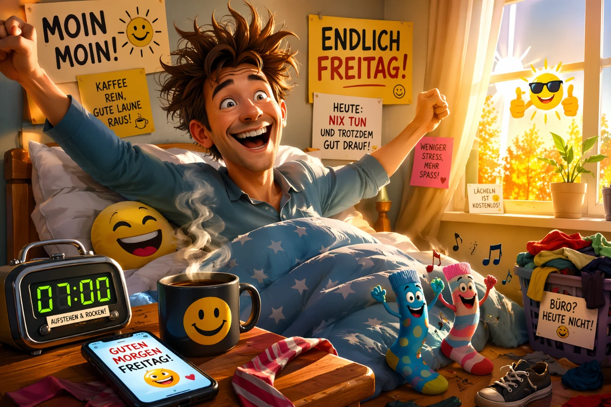 Fröhliche Person im Bett am Freitagmorgen, Kaffee dampft, Sonne scheint, lustige Deko überall.