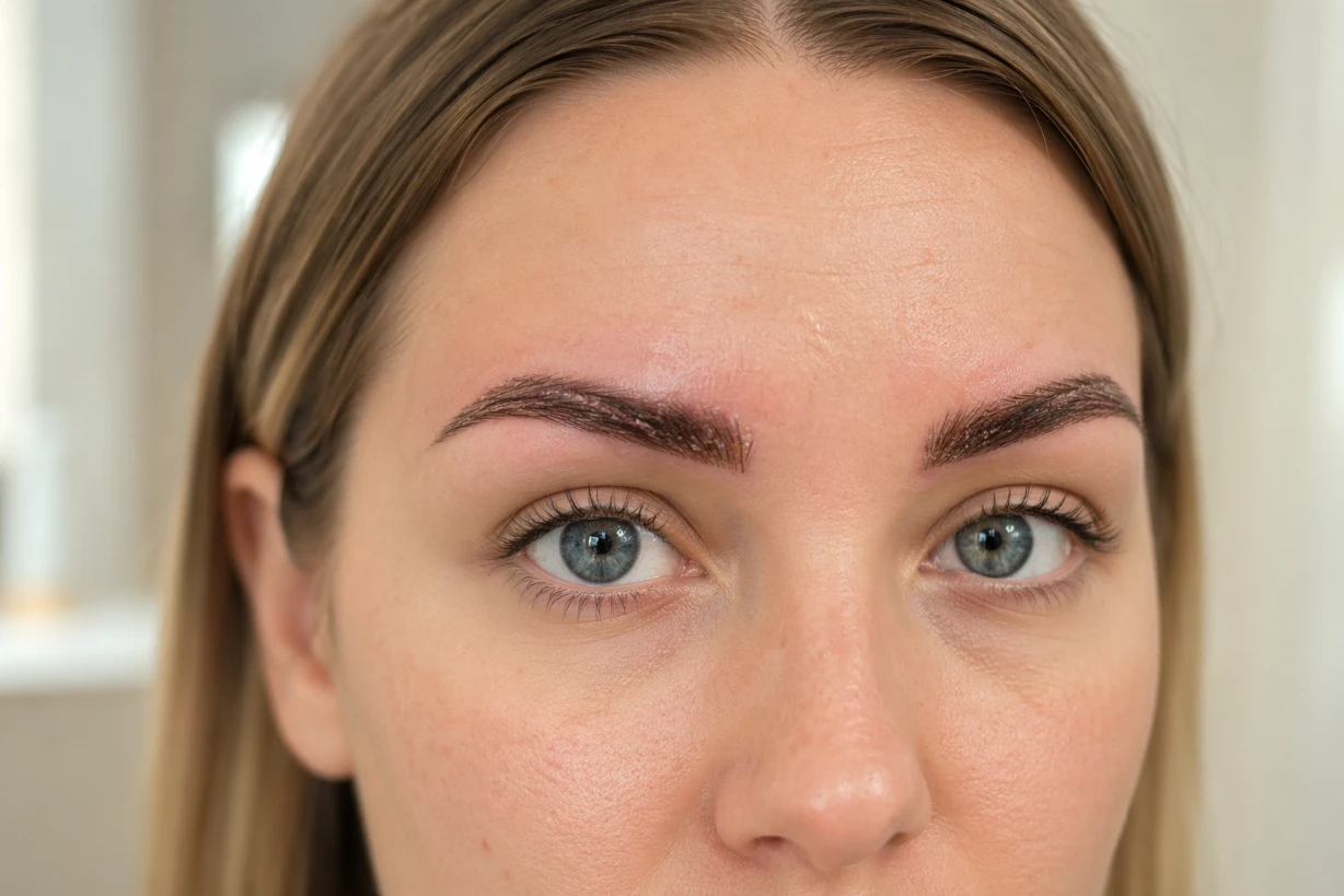 Nahaufnahme von Augenbrauen eine Woche nach Permanent Make-up mit leichter Krustenbildung und Rötung.