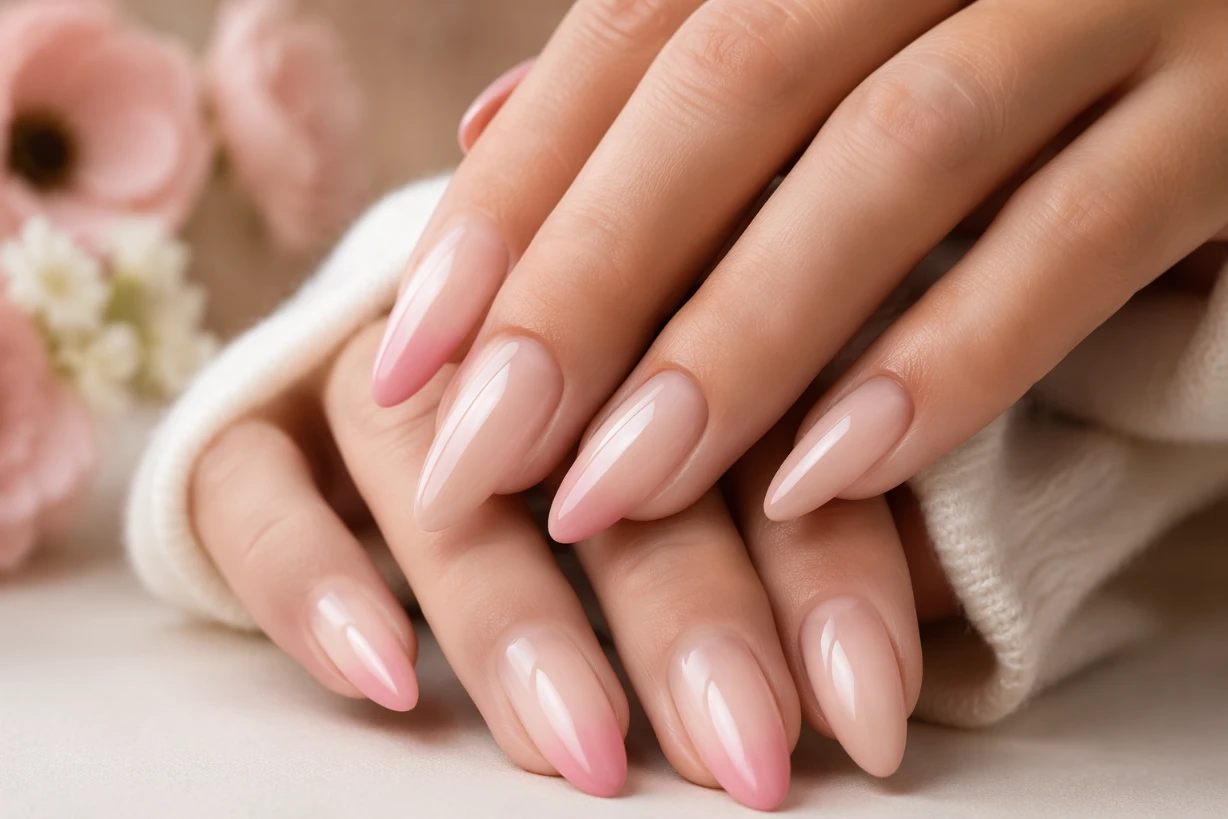 Makroaufnahme von gepflegten Händen mit Babyboomer Nails sanften Ombre Farbverlauf in Pastellfarben.