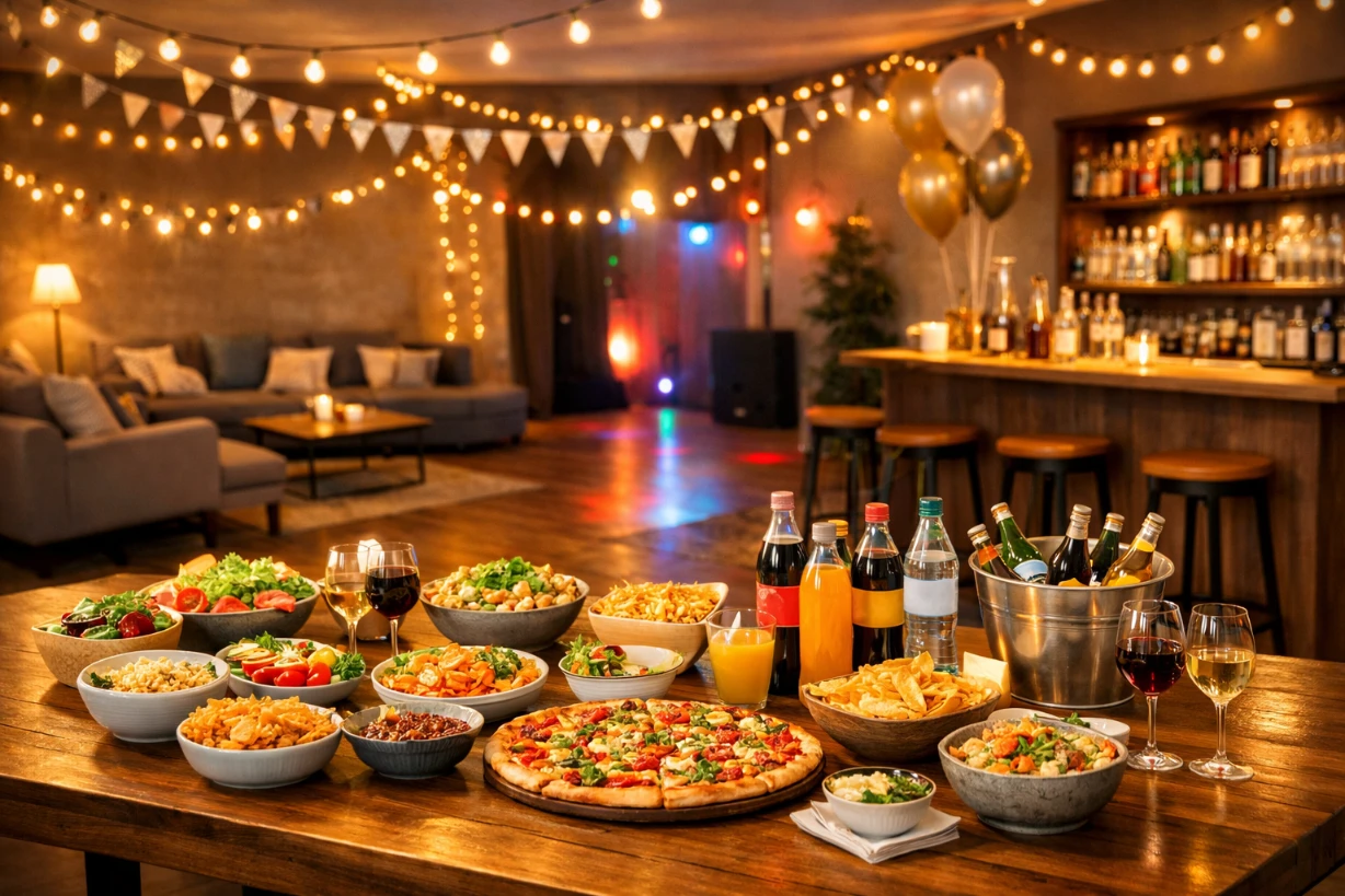 Moderner Partyraum mit gedecktem Tisch, Snacks, Lichterketten und gemütlicher Feieratmosphäre.
