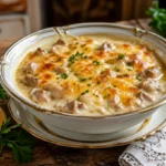 Ragout Fin mit Kalbfleisch in cremiger Sauce, gratiniert, serviert in Porzellanschale mit Zitrone 4K.