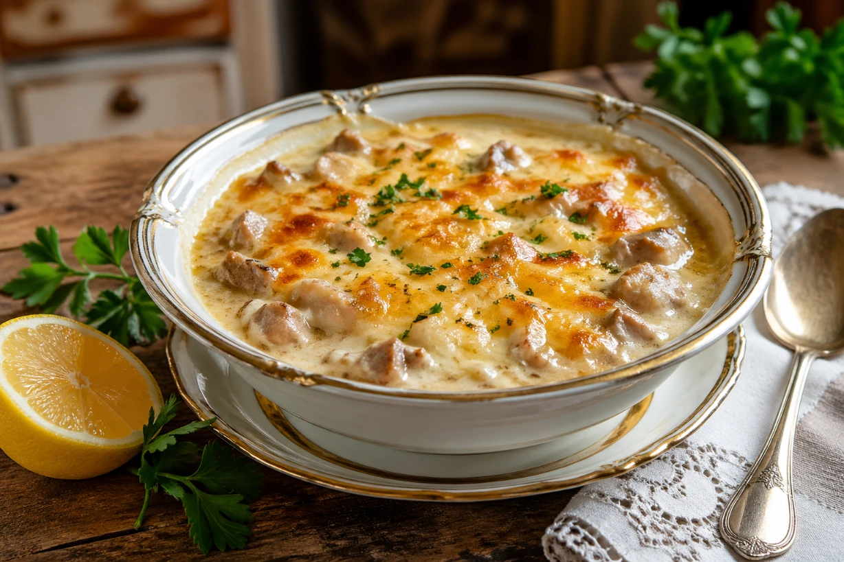 Ragout Fin mit Kalbfleisch in cremiger Sauce, gratiniert, serviert in Porzellanschale mit Zitrone 4K.