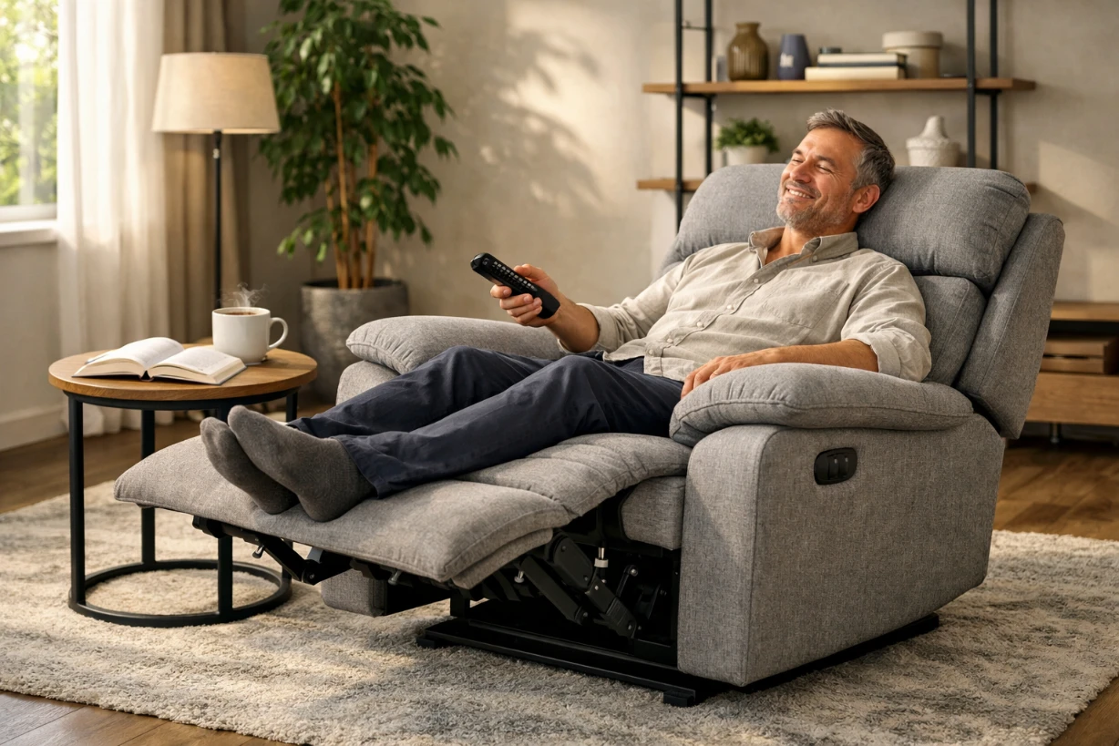 Modernes Wohnzimmer mit elektrischem Relaxsessel in Liegeposition, Kaffee und Buch auf Beistelltisch.