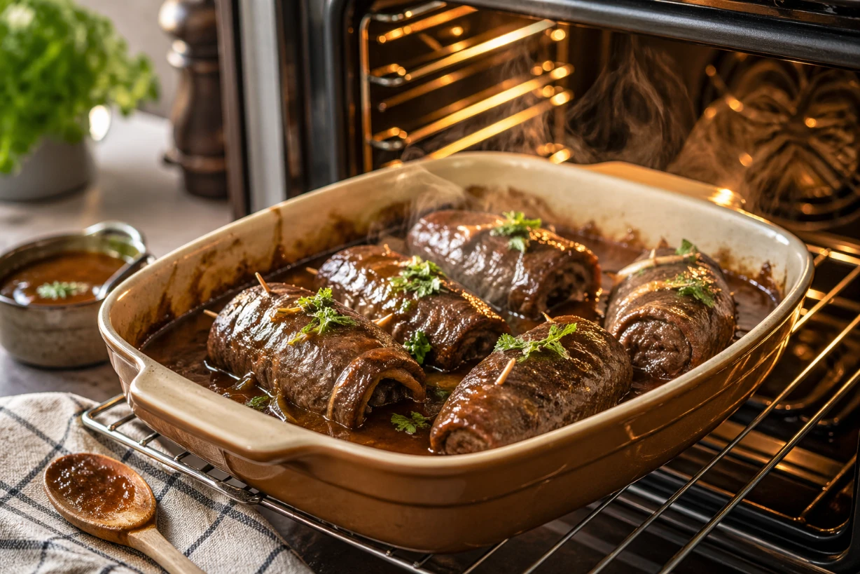 Saftige Rinderrouladen in Auflaufform beim Aufwärmen im Backofen mit aromatischer Bratensoße.