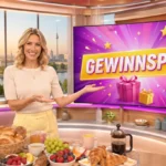 Modernes Frühstücksfernsehen-Studio mit Moderator und Gewinnspiel auf großem LED-Bildschirm im TVSet.