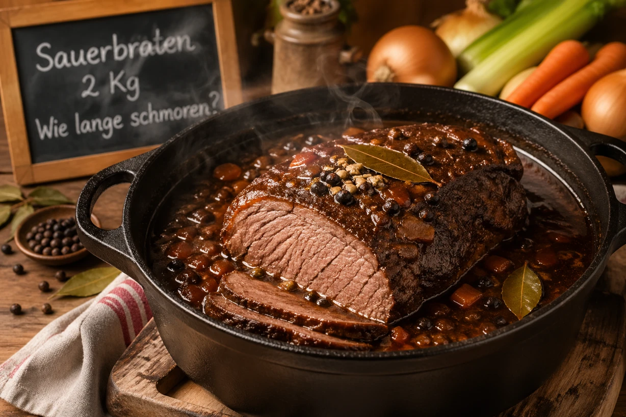 Traditioneller Sauerbraten schmort im gusseisernen Topf mit dunkler Soße in rustikaler Küche. Topf!