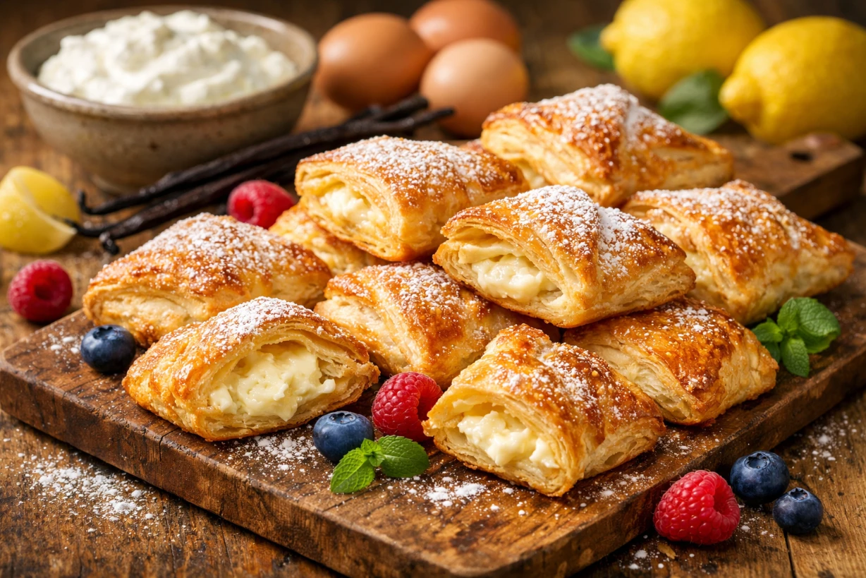 Goldbraune Blätterteigteilchen mit cremiger Quarkfüllung, frisch gebacken und appetitlich angerichtet.