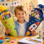 Schulkind hält selbstgebastelte und gekaufte Schultüte zur Einschulung in heller Klassenumgebung.