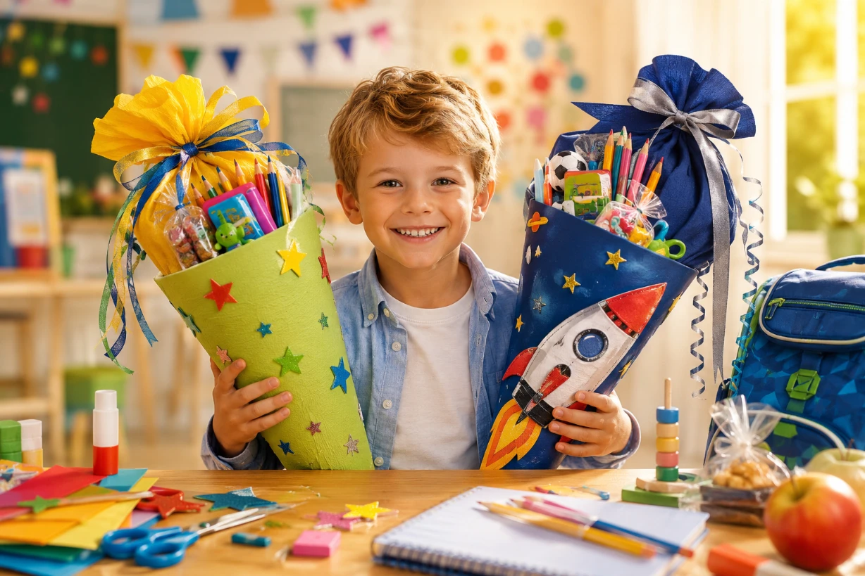 Schulkind hält selbstgebastelte und gekaufte Schultüte zur Einschulung in heller Klassenumgebung.