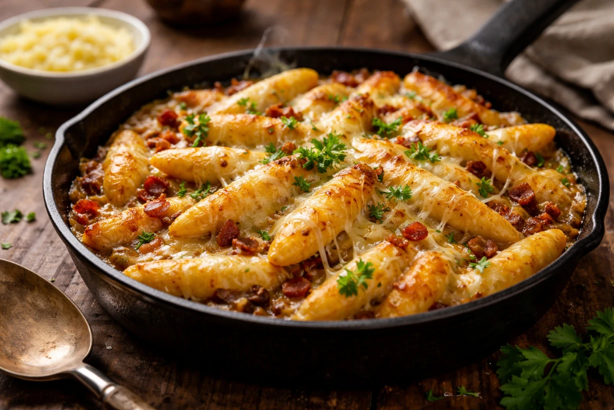 Goldbraun überbackene Schupfnudeln mit Käse, Speck und Zwiebeln in rustikaler Pfanne serviert.