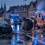 Schwerer Verkehrsunfall in deutscher Stadt, Rettungskräfte arbeiten bei Regen und Blaulicht vor O.