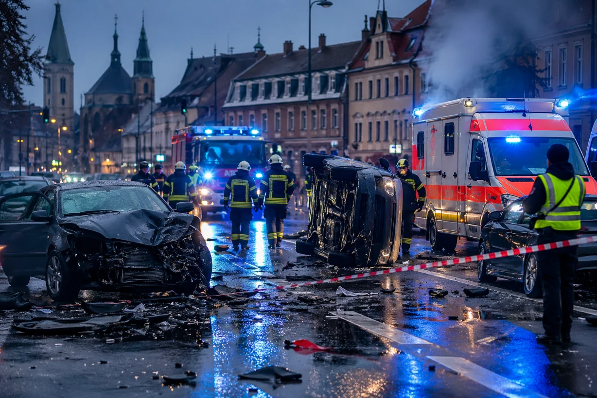 Schwerer Verkehrsunfall in deutscher Stadt, Rettungskräfte arbeiten bei Regen und Blaulicht vor O.