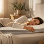 Seitenschläfer schläft entspannt auf ergonomischem Kissen in modernem, hellem Schlafzimmer.
