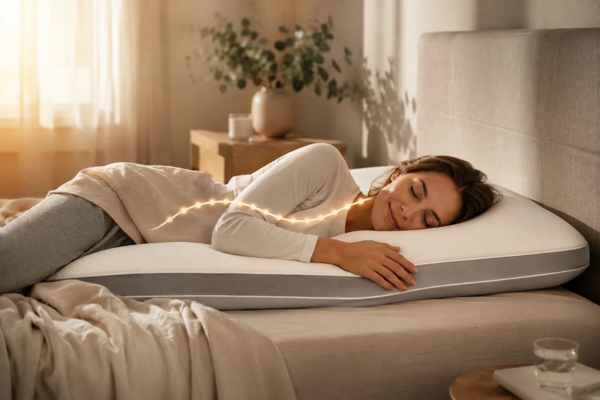 Seitenschläfer schläft entspannt auf ergonomischem Kissen in modernem, hellem Schlafzimmer.