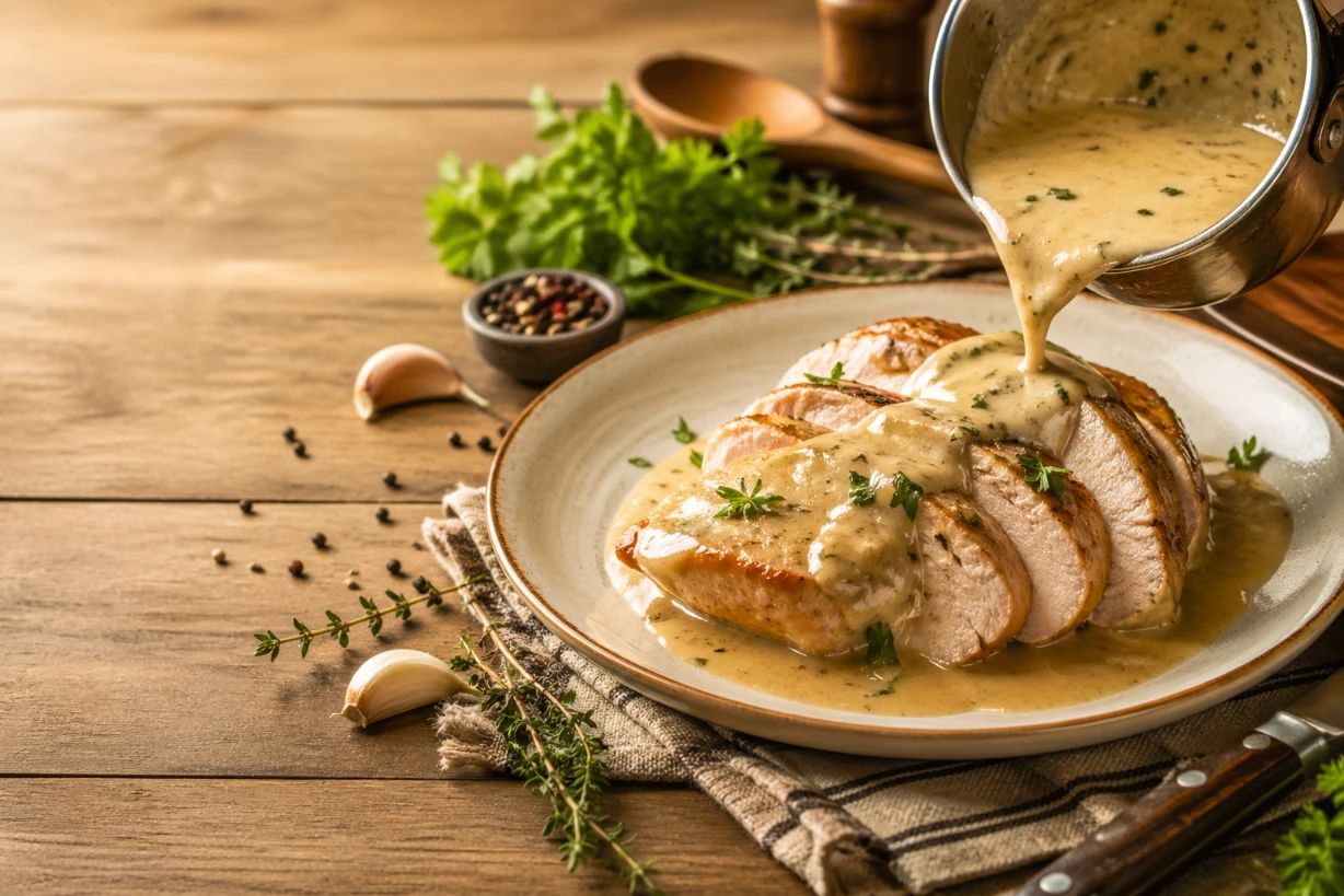 Hausgemachtes Putenfleisch mit cremige Soße auf rustikalem Teller frisch und appetitlich angerichtet.