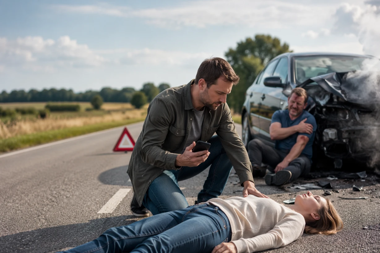 Unfallstelle auf Landstraße: Helfer prüft Verletzte neben beschädigtem Auto mit Rauch und Warndreiec.
