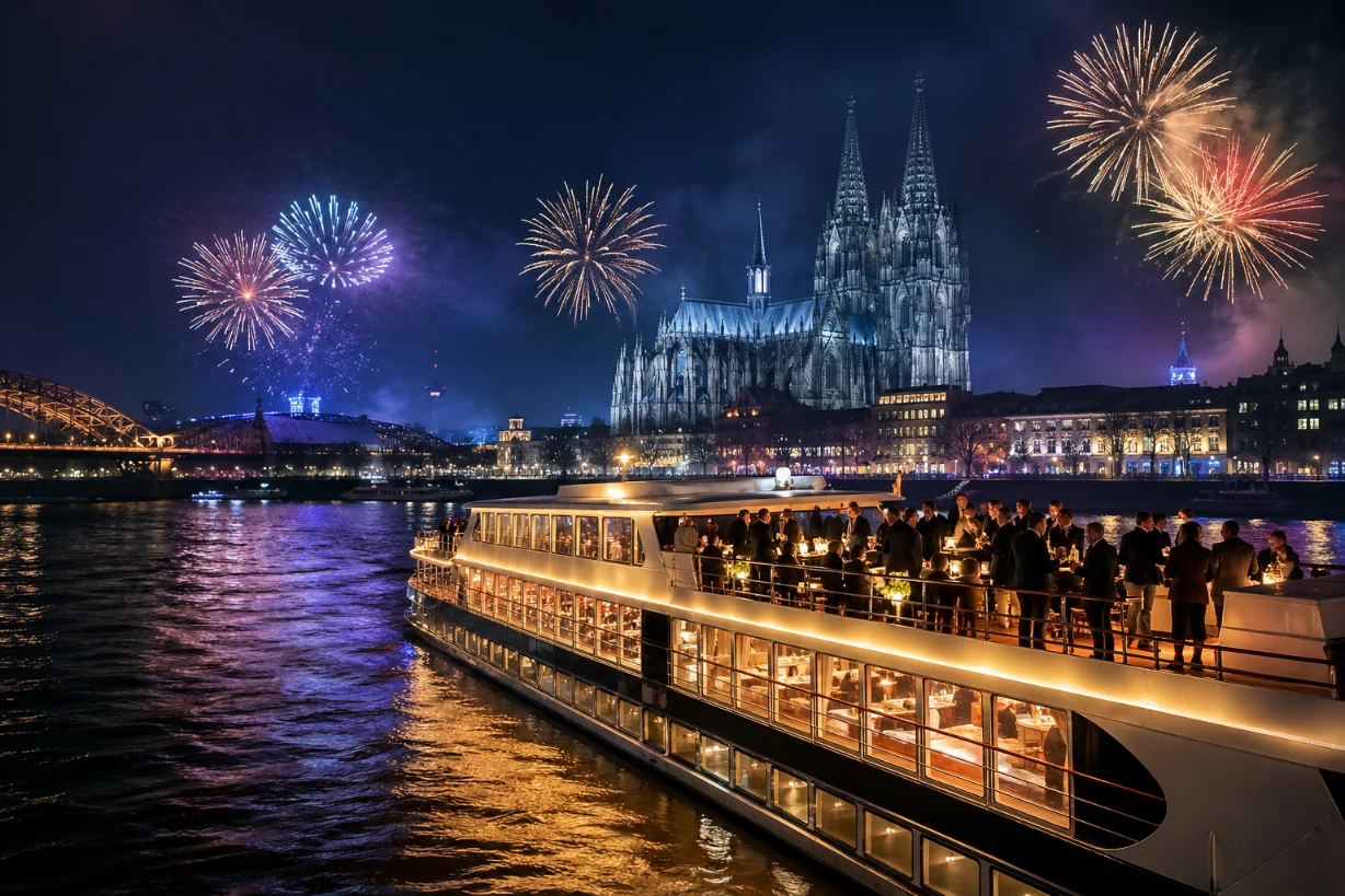 Luxus-Silvesterkreuzfahrt auf dem Rhein mit Feuerwerk vor dem Kölner Dom bei Nacht.