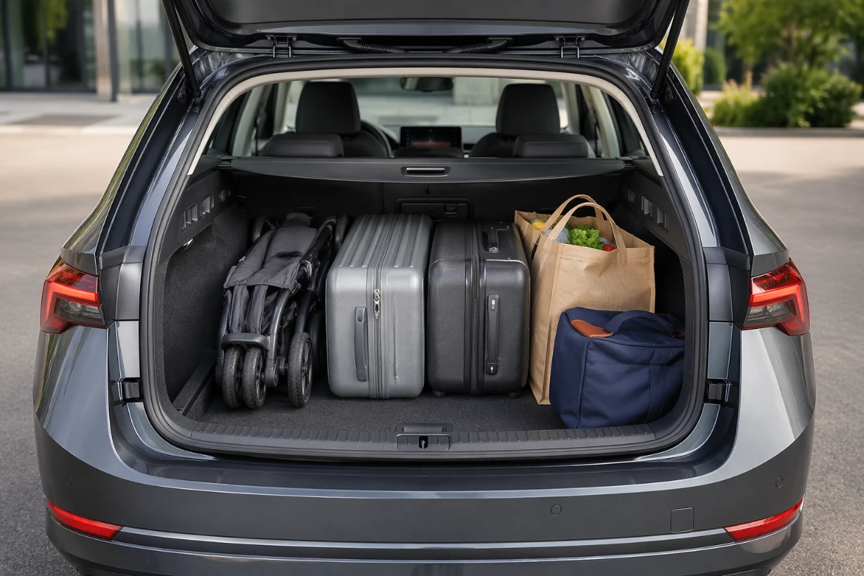 Geöffneter Kofferraum eines modernen Kombis mit Gepäck und Kinderwagen bei Tageslicht auf Parkplatz.