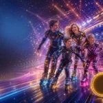 Fröhliche Familie fährt auf leuchtenden Rollschuhen durch eine futuristische, bunte Showwelt.