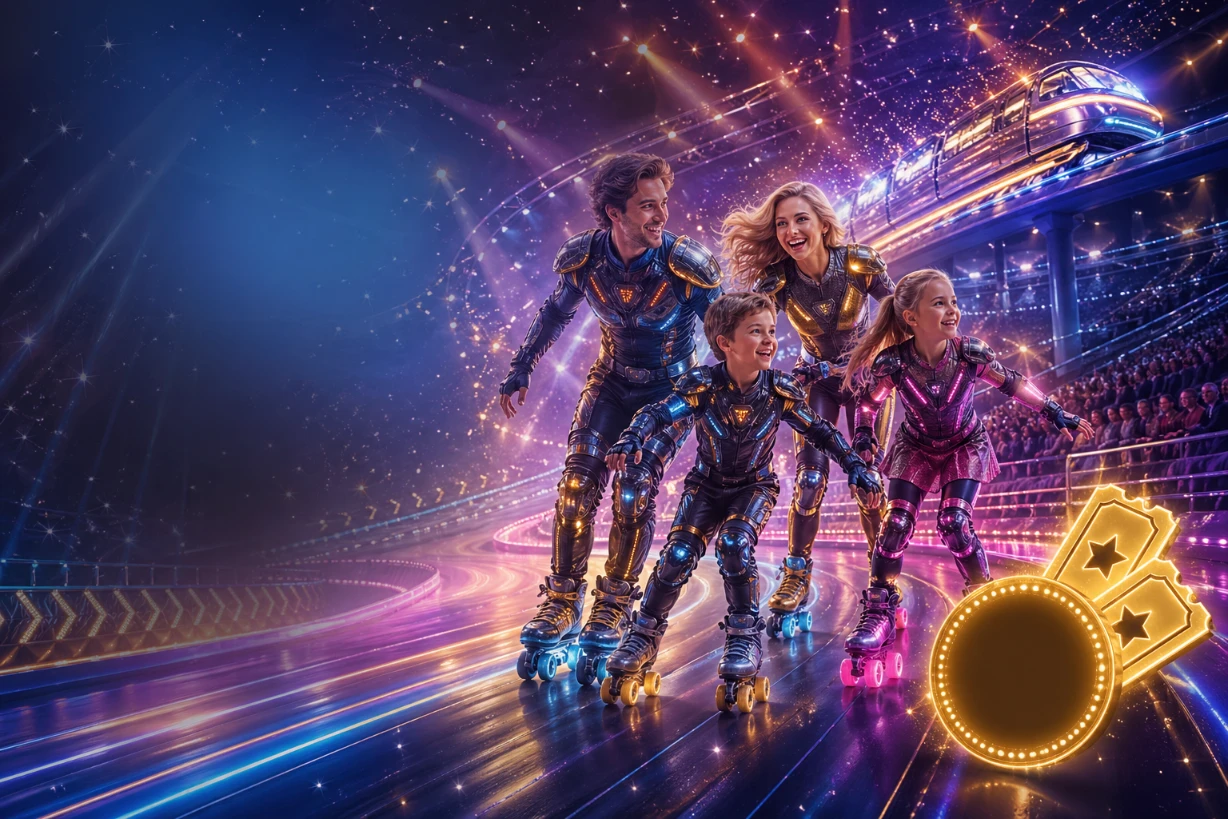 Fröhliche Familie fährt auf leuchtenden Rollschuhen durch eine futuristische, bunte Showwelt.