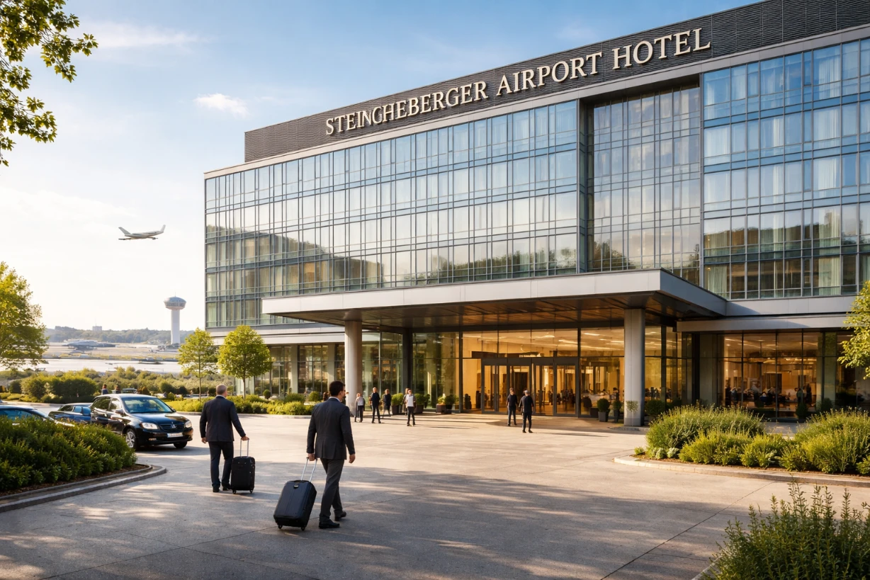 Außenansicht des Steigenberger Airport Hotel Frankfurt mit Geschäftsreisenden und Flughafen.