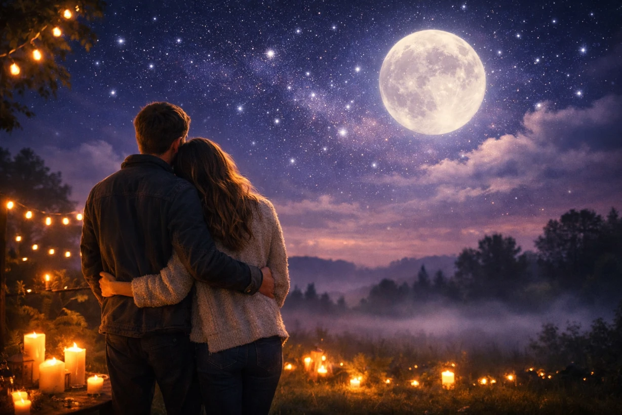 Paar umarmt sich unter Sternenhimmel und Vollmond, umgeben von Kerzen und Lichterketten.