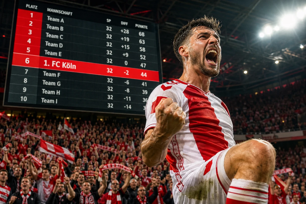 Jubelnder 1. FC Köln Spieler vor Bundesliga-Tabelle im Stadion unter hellem Flutlicht.