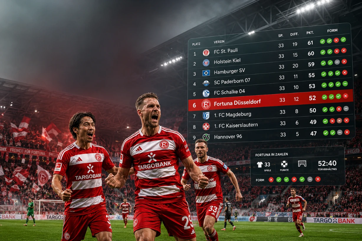 Fortuna Düsseldorf Spieler vor Bundesliga-Tabelle im Stadion unter hellem Flutlicht.