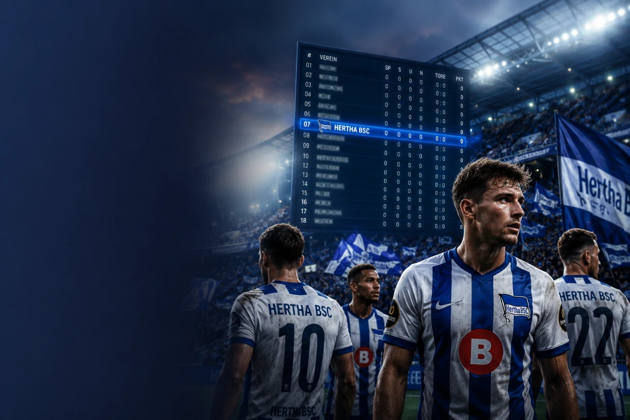 Hertha BSC Spieler im Stadion bei Flutlicht, Tabelle im Hintergrund, Fans sorgen für Stimmung.