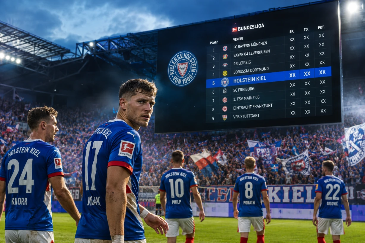 Spieler von Holstein Kiel im Stadion vor großer Bundesliga-Tabelle bei Abendlicht.
