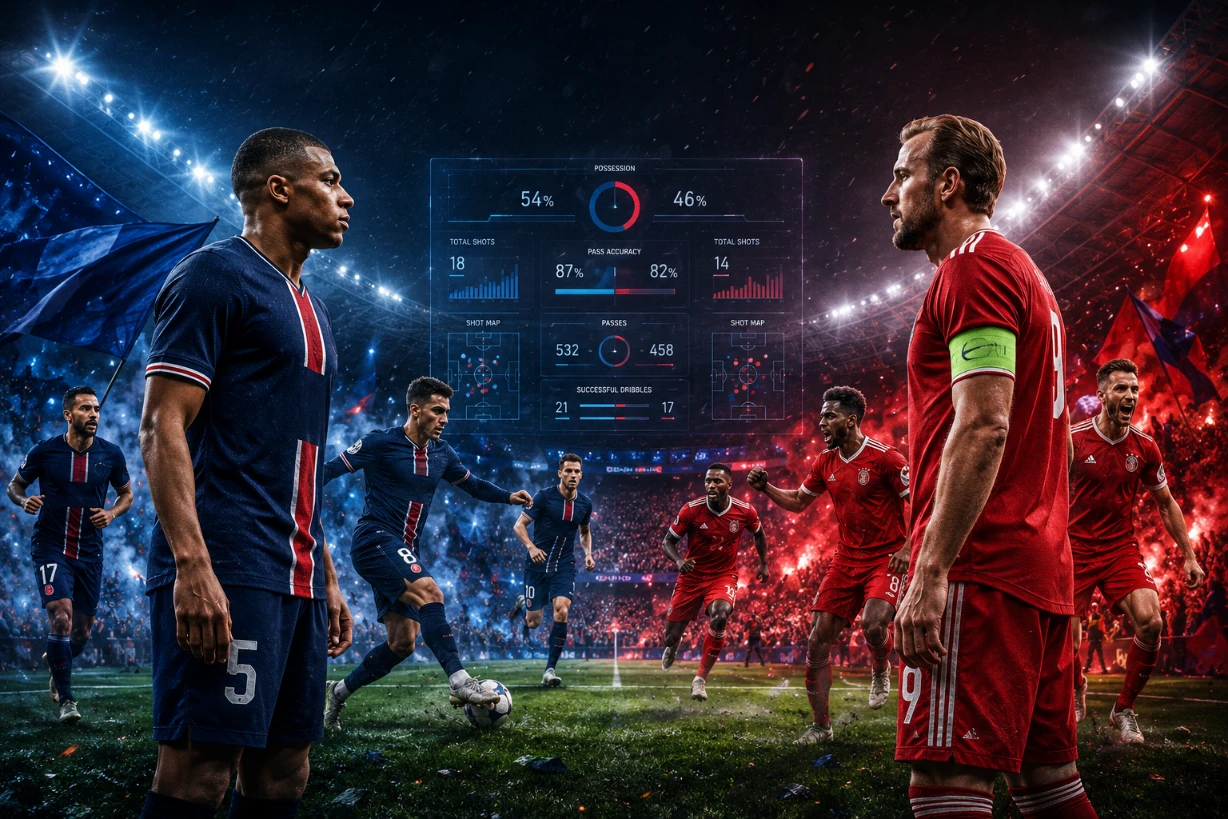 PSG und Bayern München im dramatischen Flutlichtduell mit Live-Statistiken im Stadion nachts.