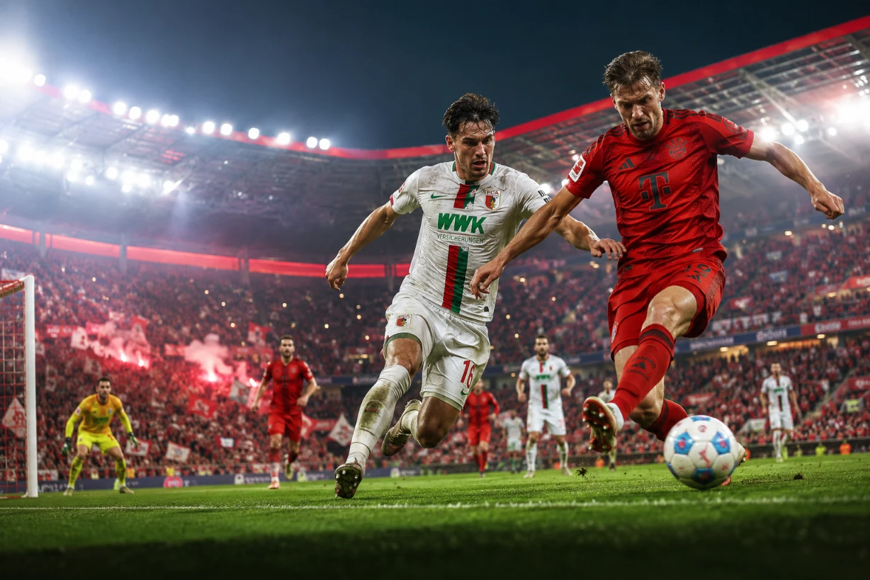 Spieler von Augsburg und Bayern kämpfen im hellen Flutlichtstadion um den Ball vor Fans im Stadion.