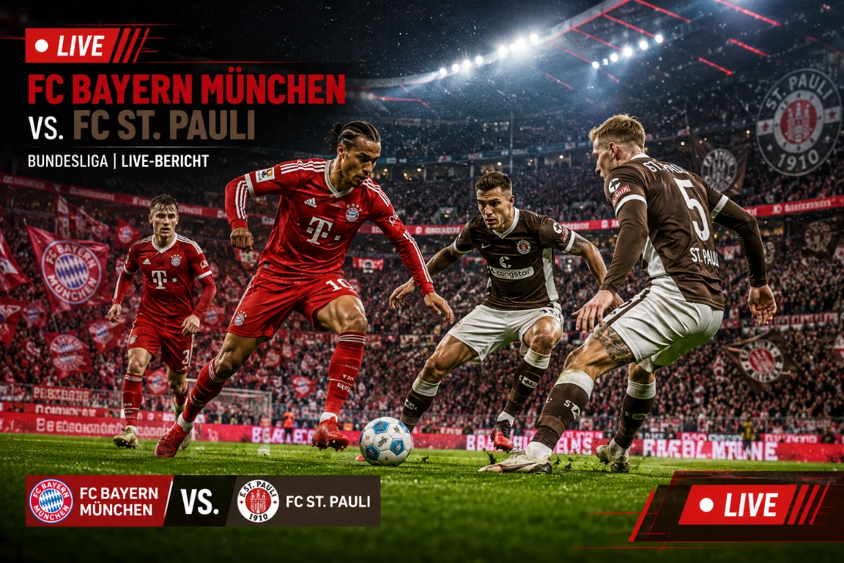 FC Bayern gegen FC St. Pauli im Live-Spiel der Bundesliga, intensives Duell im FlutlichtstadionLIVE.