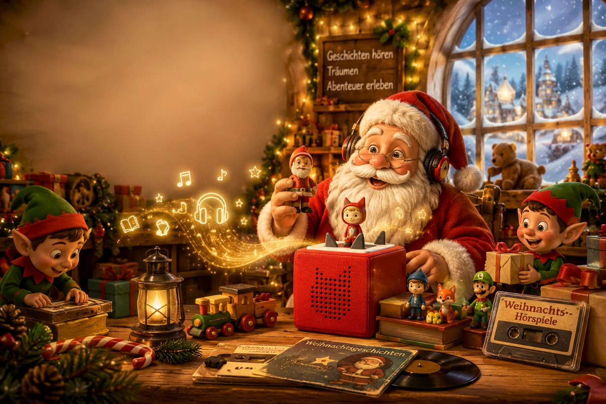 Weihnachtsmann mit Toniebox und Elfen in festlicher Werkstatt voller Hörspielzauber zu Weihnachten!