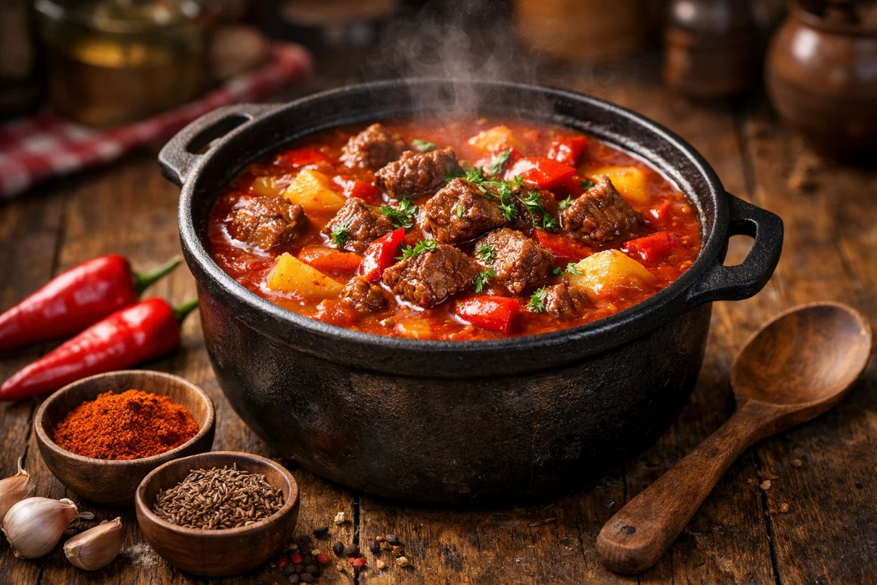 Rauchendes ungarisches Gulasch im gusseisernen Topf auf rustikalem Holztisch mit Gewürzen mit Kräut.