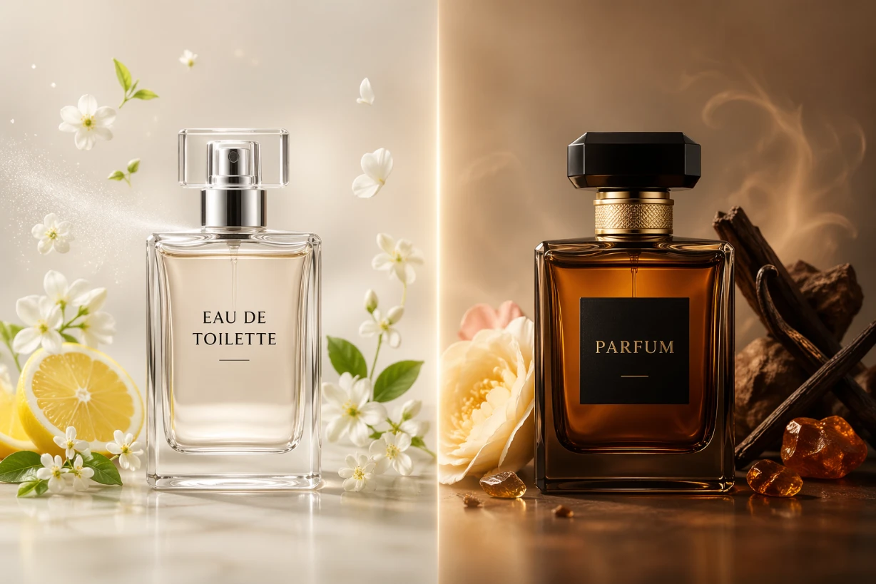 Zwei elegante Parfumflakons: Eau de Toilette hell und frisch, Parfum dunkel und intensiv inszeniert.