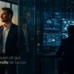 Zwei Geschäftsleute: einer im warmen Licht des Vertrauens, einer überwacht Daten im kühlen Licht da.