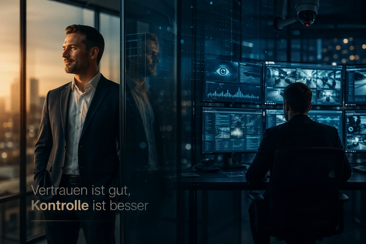 Zwei Geschäftsleute: einer im warmen Licht des Vertrauens, einer überwacht Daten im kühlen Licht da.