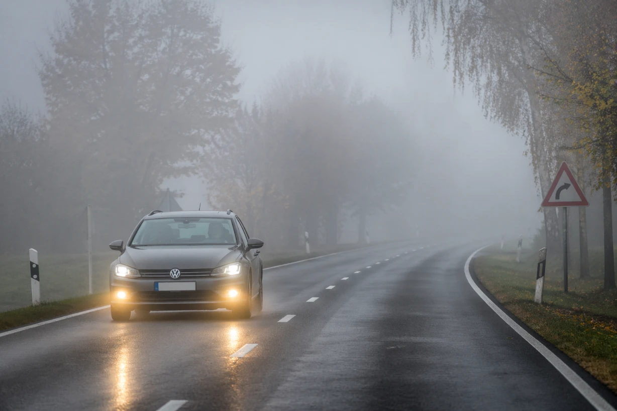 Auto mit eingeschalteten Nebelscheinwerfern auf nebliger Landstraße im Wald bei Tag im Verkehr nun.