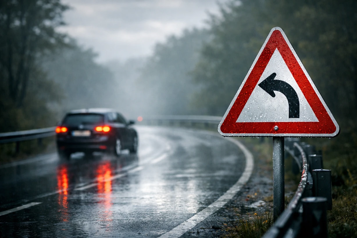 Regennasse Kurvenstraße mit Warnschild und Auto, das vorsichtig in eine Nebelkurve fährt bei Regen.!