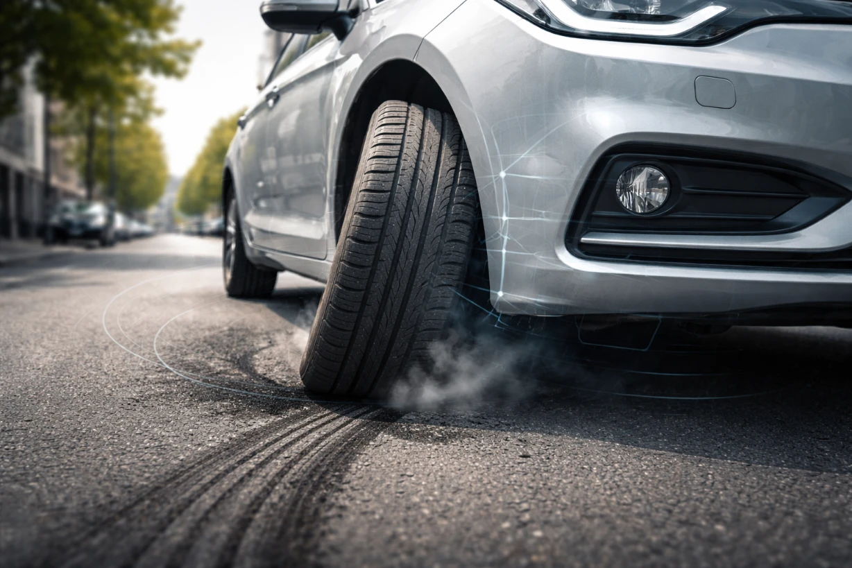 Nahaufnahme eines stehenden Autos mit stark eingeschlagenem Rad und Reifenspuren auf der Straße Auto.
