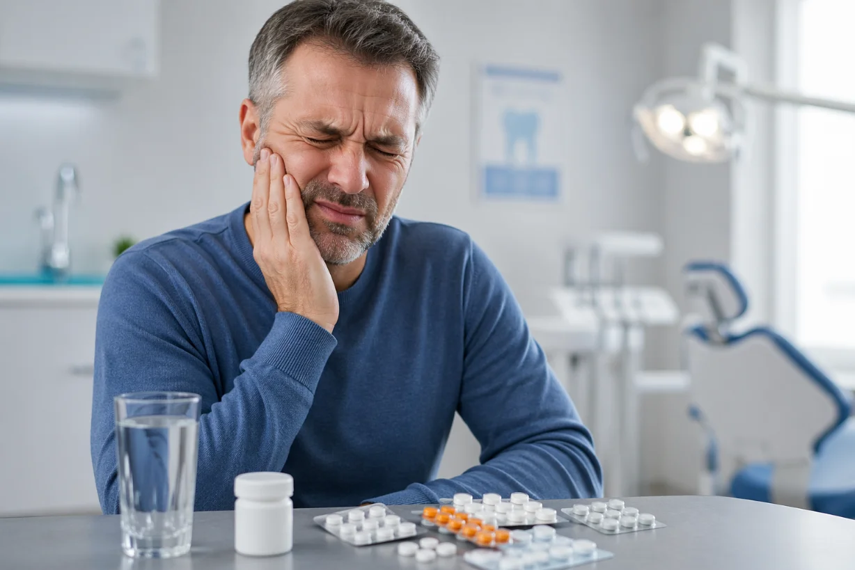 Person mit Zahnschmerzen hält die Wange, daneben Schmerzmittel und ein Glas Wasser im Bad.