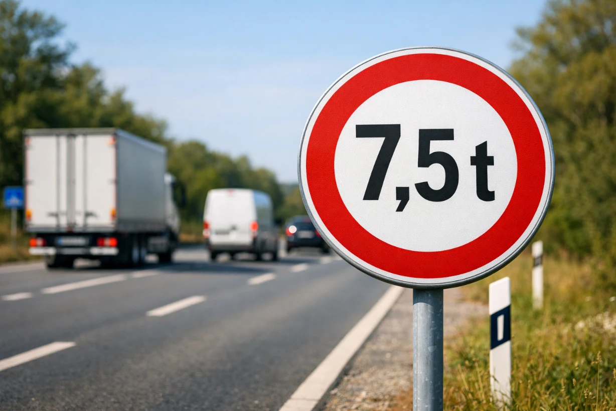 Verkehrszeichen 7,5 t an Landstraße mit LKW, Lieferwagen und Auto im Hintergrund bei Tageslicht klar.